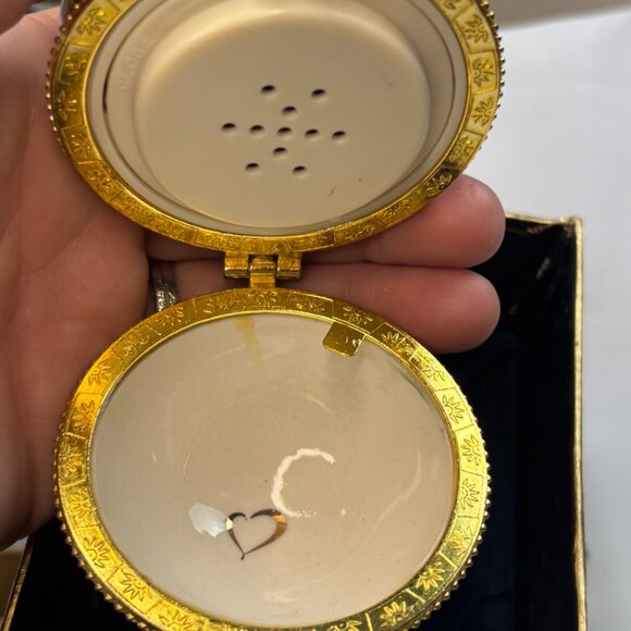 Vintage Hand-Painted Hinged Porcelain Egg Trinket Box With Gold Accents & Ribbon - Picture 2 of 7